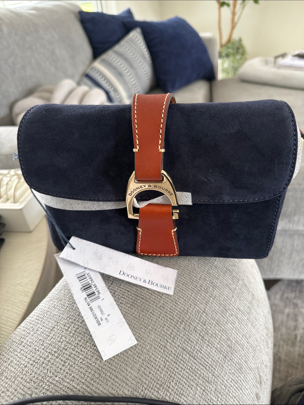 Dooney & Bourke Navy Suede Crossbody with Brown Leather Strap NWT Gold Hardware